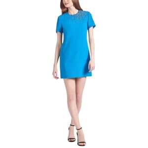 Sachin & Babi Cyrstal Beaded Short Sleeve Mini Shift Cocktail Dress Blue Size 14